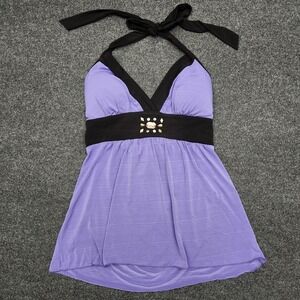 Y2k IZ Byer Womens Large Purple Babydoll Halter Top Bling Built-in-Bra Coquette